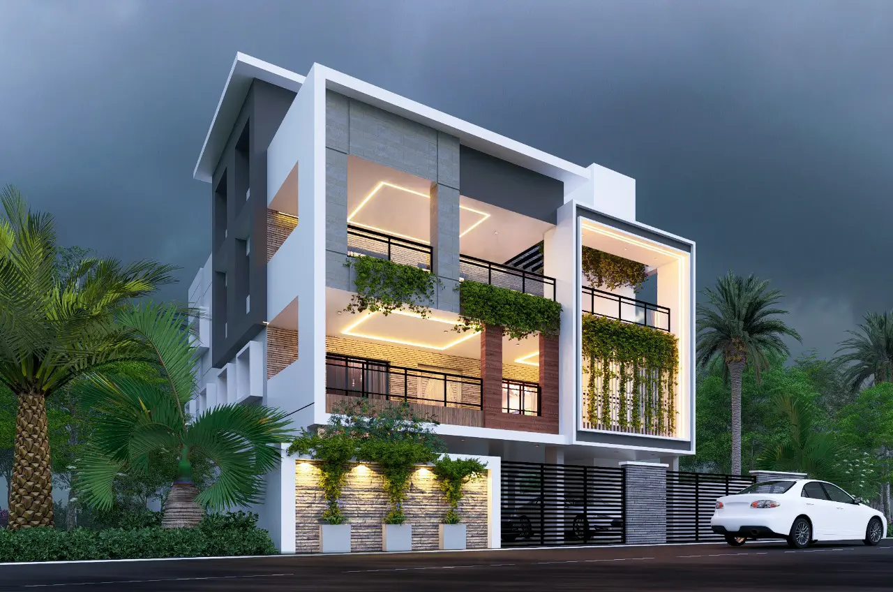 Featured Project: Contemporary house exterior rendering with landscaping