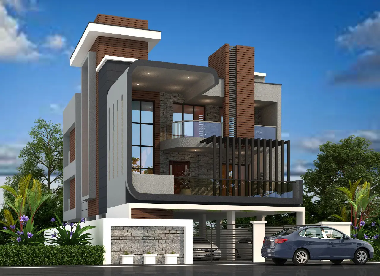 Featured Project: Contemporary house exterior rendering with landscaping