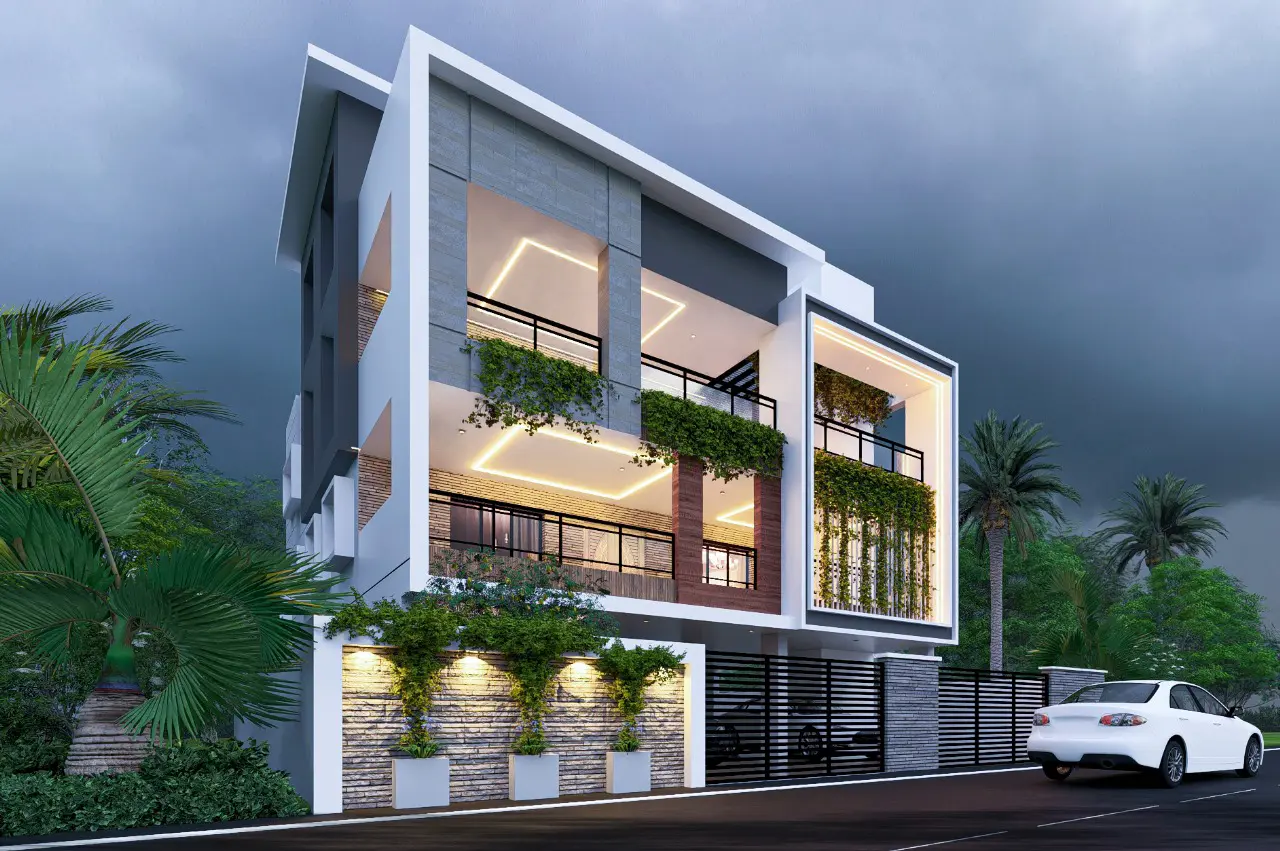 Featured Project: Contemporary house exterior rendering with landscaping